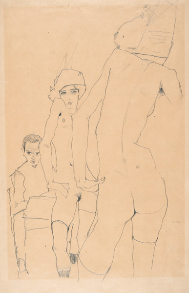 Schiele with Nude Model before the Mirror van Egon Schiele