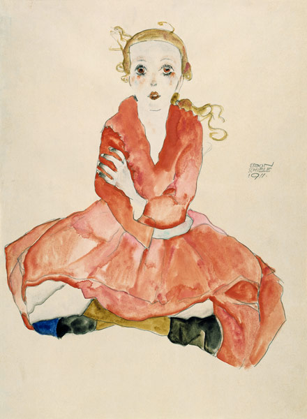Sitzendes Mädchen, en face van Egon Schiele