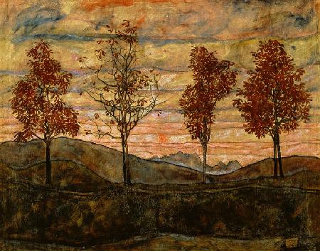 Vier bomen schilderij van  Egon Schiele