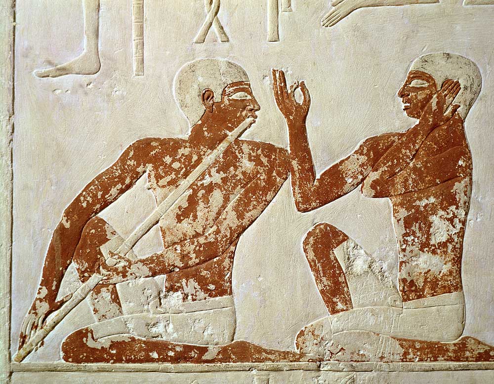 Painted relief depicting a flute player and a singer at a funerary banquet, from the Tomb of Nenkhef van Egyptian