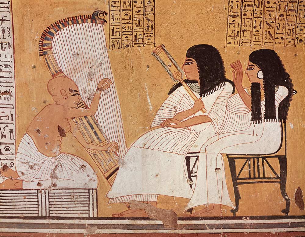The deceased and his wife listening to a blind harpist, from the Tomb of Ankerkhe, Workmen's Tombs, van Egyptian