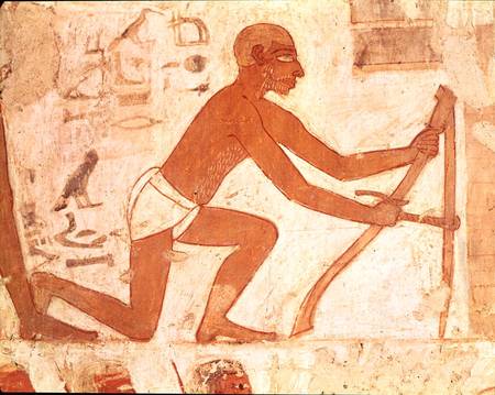 Construction of a wall, detail of a man with a hoe, from the Tomb of Rekhmire, vizier of Tuthmosis I van Egyptian