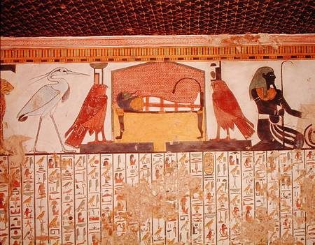 Mummy on a funeral bed with various divinites, from the Tomb of Nefertari, New kingdom van Egyptian