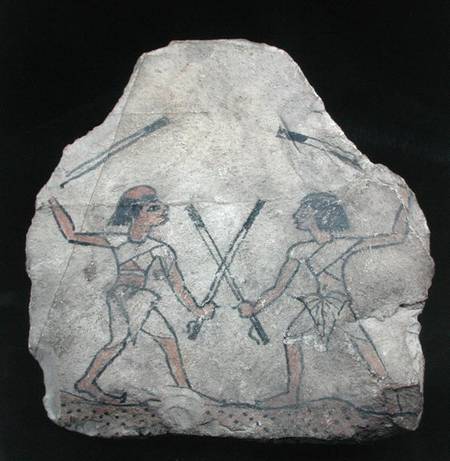 Ostrakon depicting two men fighting with sticks, from Deir El-Medina, New Kingdom van Egyptian