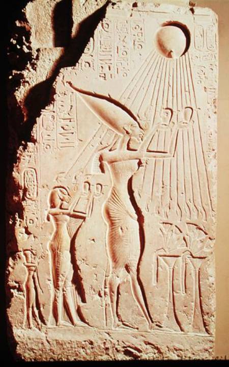 Relief depicting Amenophis IV (Akhenaten) (c.1364-47 BC), Nefertiti and their Daughter, Meritaton, M van Egyptian