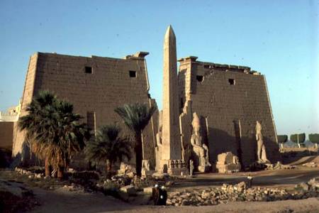 View of the North East facade of the Temple with the pylon and obelisk, New Kingdom van Egyptian