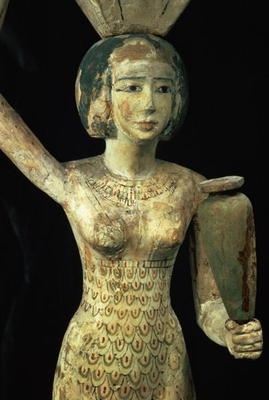 Female bearer of offerings carrying a water vase in her hand and a vessel on her head, Egyptian, Mid van Egyptian 12th Dynasty
