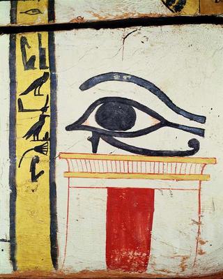 Wedjat Eye, detail from the sarcophagus cover of the Lady of Madja, New Kingdom, c.1450 BC (painted van Egyptian 18th Dynasty