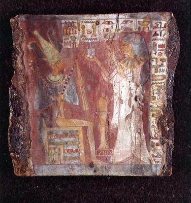 Interior of the sarcophagus of the singer, Toarnemiherti, showing the deceased offering incense to O van Egyptian 21st Dynasty