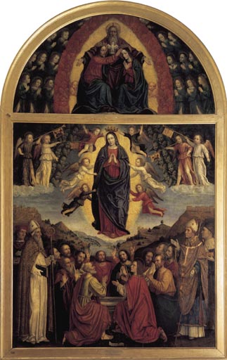 Himmelfahrt Mariae mit den Heiligen Ambrosius, Augustinus, Gervasius und Prothasius van eigentl. Ambrogio da Fossano um Bergognone