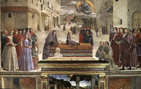 The miracle of the boy brought back to life, scene from a cycle of the Life of St. Francis of Assisi van  (eigentl. Domenico Tommaso Bigordi) Ghirlandaio Domenico
