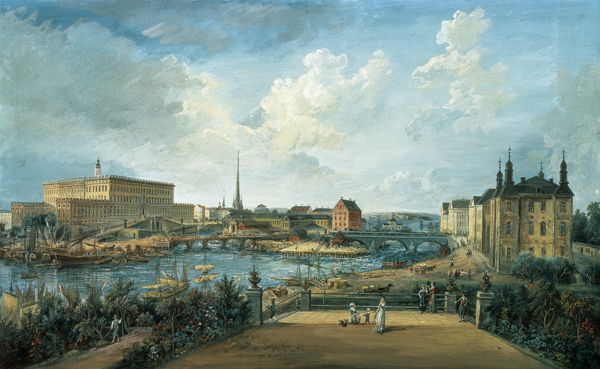 View of Stockholm from the Fersen Terrace with the Palace Makalos (gouache on canvas) van Elias Martin