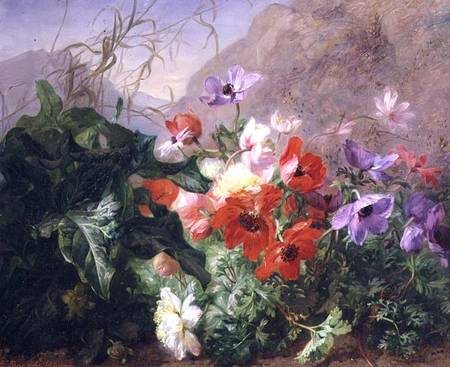 Still Life of Anemones in Undergrowth van Elise Puyroche-Wagner