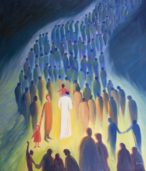 Christ walks amongst his people, with the pilgrims and the sick ones, a child on His shoulders van Elizabeth  Wang