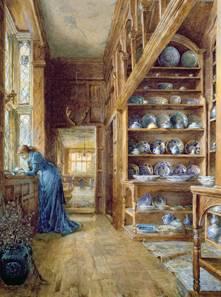 Interior of a panelled house with a collection of Imari and Blue and White Porcelain van Ellen Clacy