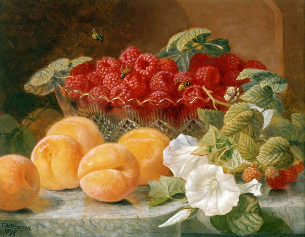 Bowl of raspberries and peaches van Eloise Harriet Stannard