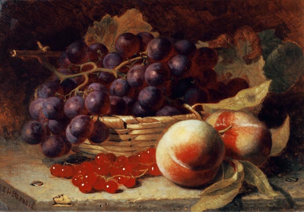 A still life of red currants, peaches and grapes in a basket van Eloise Harriet Stannard