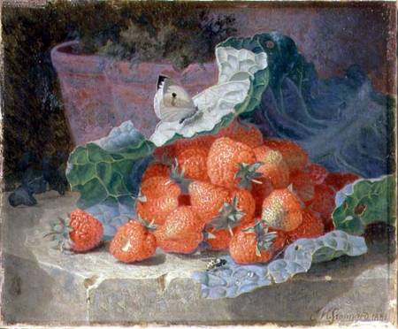 Strawberries in a Cabbage Leaf with a Flower Pot Behind van Eloise Harriet Stannard