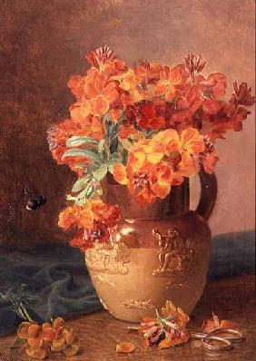 A Still Life with Wallflowers in a Stoneware Jug