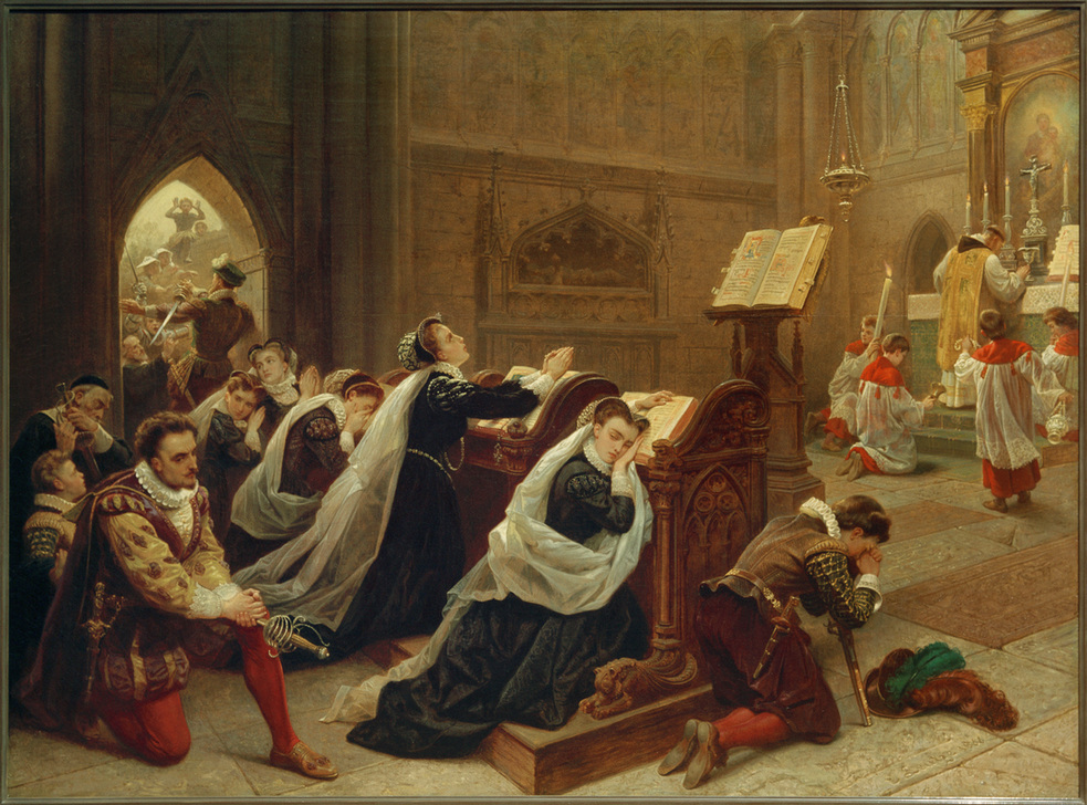 Maria Stuart nach ihrer Rückkehr aus Frankreich in Hollyroodhouse die erste Messe hörend. van Emanuel Leutze