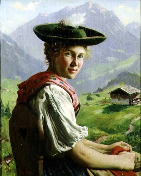 Girl with a Hat in Mountain Landscape van Emil Karl Rau