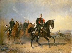 Kaiser Wilhelm I. von Preussen zu Pferde mit Bismarck und Moltke
