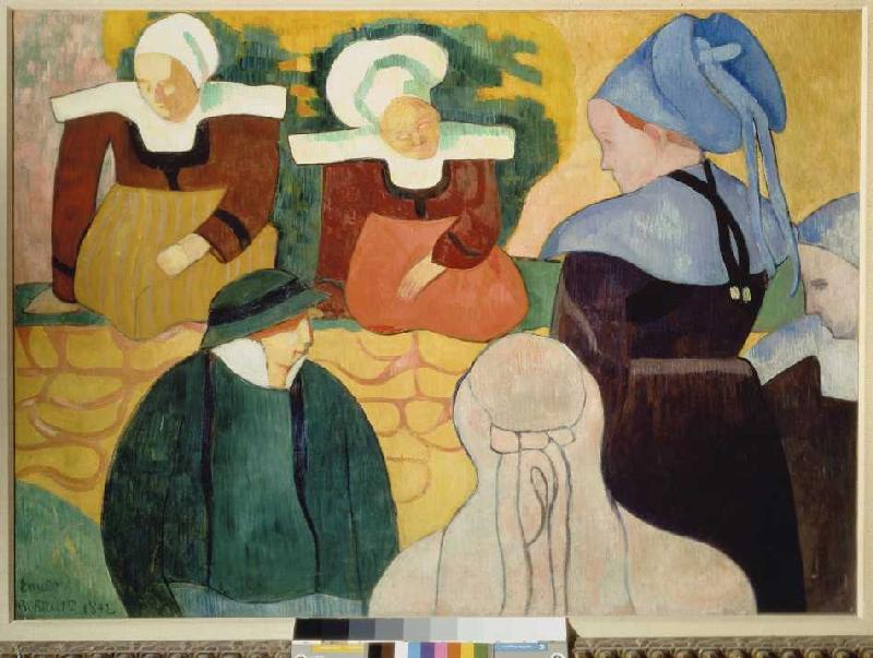 Bretonische Frauen auf einer Mauer van Emile Bernard