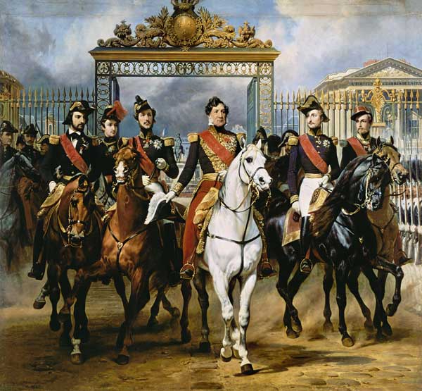 Louis Philippe und seine Söhne zu Pferde beim Verlassen von Schloss Versailles. van Emile Jean Horace Vernet