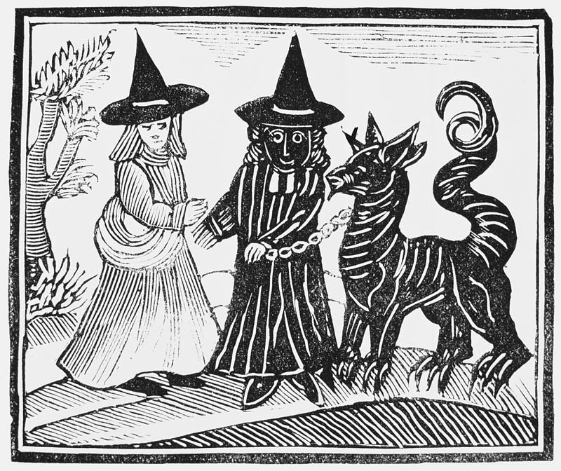 A Black and a White Witch with a Devil Animal, illustration from a collection of chapbooks on esoter van English School