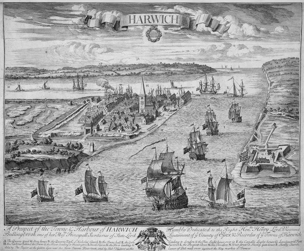 A Prospect of the Towne and Harbour of Harwich van English School