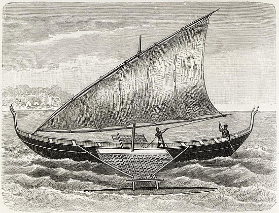 Boat of the Mortlock Islands, with outrigger and sail of rush-matting, from ''The History of Mankind van English School