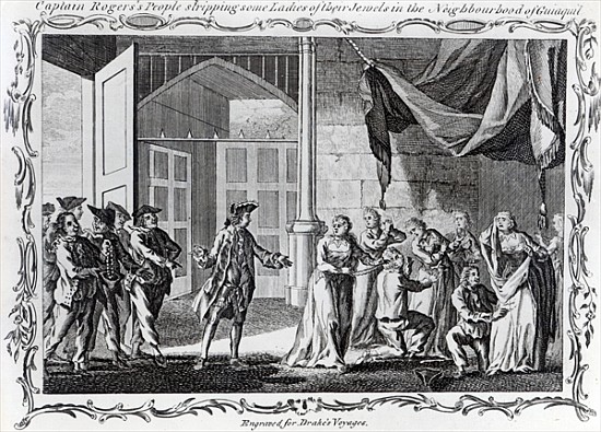 Captain Rogers'' People stripping some Ladies of their Jewels in the Neighbourhood of Guiaquil van English School