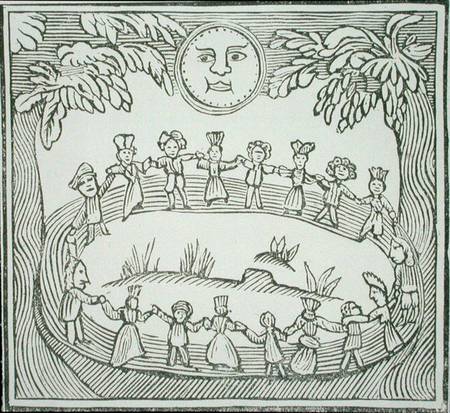 Circle of Witches Dancing Beneath a Full Moon, illustration from a collection of chapbooks on esoter van English School