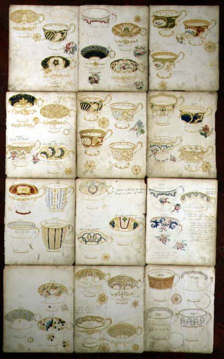 Designs for teacups produced at the Daniel Factory, Staffordshire van English School