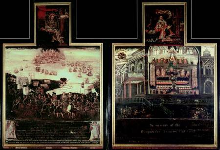 Diptych depicting the Arrival of Queen Elizabeth I (1530-1603) at Tilbury, the Defeat of the Spanish van English School