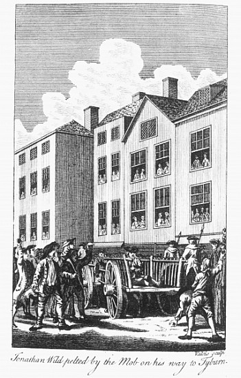 Jonathan Wild pelted the mob on his way to Tyburn, from the ''Newgate Calendar'' van English School