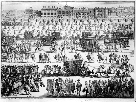 King George I procession to St. James''s Palace, 20th September 1714; engraved by Abraham Allard van English School