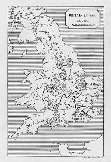 Map of Britain in 658, produced by Stanford''s Geographical Establishment van English School