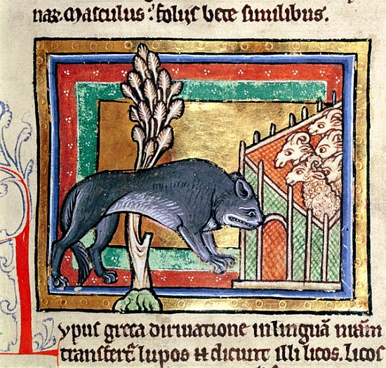 MS Roy 12 C XIX fol.19 A wolf outside a sheep fold, from a bestiary or moralised history, Durham (12 van English School