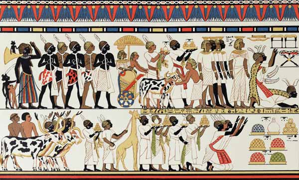 Nubian chiefs bringing presents to the King of Egypt, copy of an Ancient Egyptian wall painting from van English School
