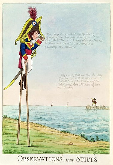 Observations Upon Stilts, caricature of Napoleon standing on stilts observing Pitt and England acros van English School