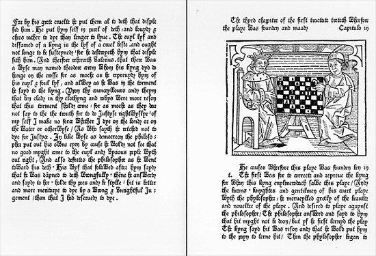 Pages from the English translation of ''De Ludo Saccorum'' Jacques de Cessoles, including an illustr van English School