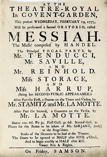 Playbill advertising a performance of Handel''s Oratorio, ''Messiah'' in 1777 van English School