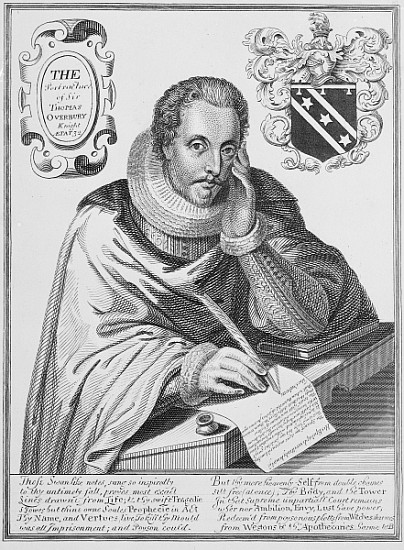 Portrait of Sir Thomas Overbury (1581-1613) writing out his epitaph; engraved by Renold Elstrack (15 van English School