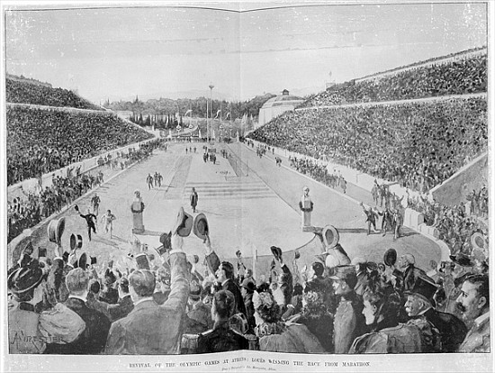 Revival of the Olympic Games in Athens: Loues winning the race from Marathon, 10th April 1896 van English School