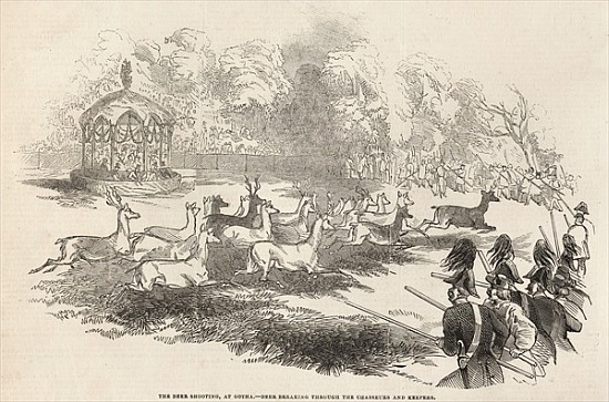 The Deer Shooting at Gotha: Deer breaking through the Chasseurs and Keepers, from ''The Illustrated  van English School