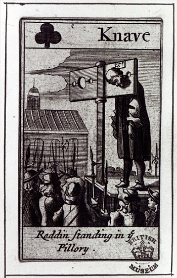 The Knave of Clubs, from a pack of Cards relating to the 1678 Popish Plot and the condemnation of Na van English School