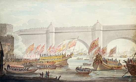 The Lord Mayor landing at Westminster, with a View of the Bridge van English School