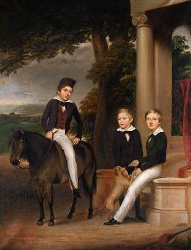 Portrait of John, George and Thomas Gladstone with their favourite pets