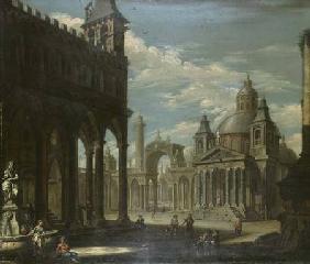Capriccio of a piazza with Gothic, Roman and Baroque buildings